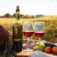 Picknick in de natuur bij zonsondergang