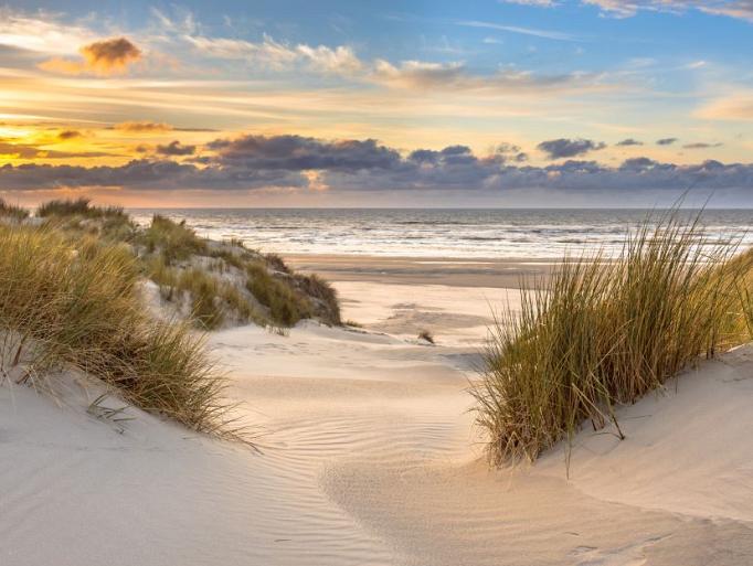 In de duinen met zonsondergang op eiland Ameland, Nederland