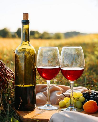 Picknick in de natuur bij zonsondergang