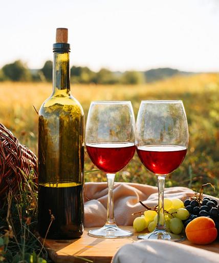 Picknick in de natuur bij zonsondergang