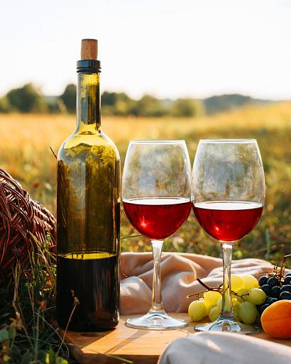 Picknick in de natuur bij zonsondergang