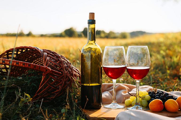 Picknick in de natuur bij zonsondergang