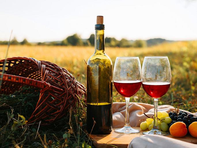 Picknick in de natuur bij zonsondergang