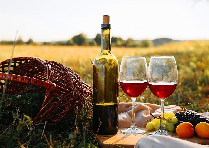 Picknick in de natuur bij zonsondergang